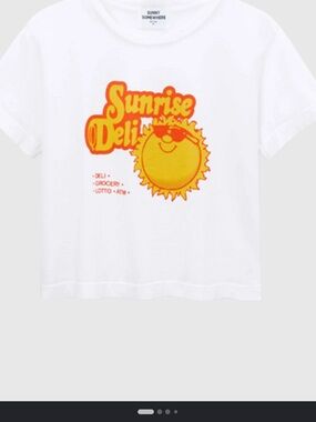 Sunday Somewhere White Tee with Yellow & Orange 'Sunrise Deli' Graphic Size M